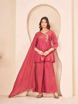 Tikhi Imli - Dark Peach Color Silk Blend Angrkha Style Kurta With Palazzo & Dupatta
