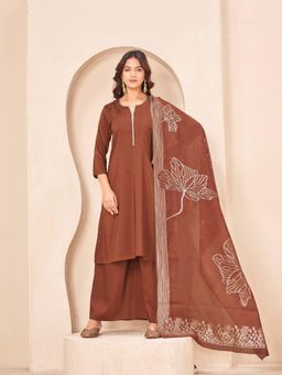 Tikhi Imli - Golden Brown Color Silk Blend With Yoke Trim A-Line Kurta With Palazzo & Dupatta