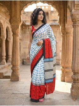 AMRUTKALA SAREES - White Designer Linen Silk Printed Saree With Unstitched Blouse