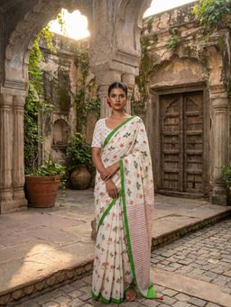 AMRUTKALA SAREES - White Designer Linen Silk Printed Saree With Unstitched Blouse