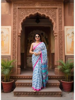 AMRUTKALA SAREES - Blue Designer Linen Silk Printed Saree With Unstitched Blouse