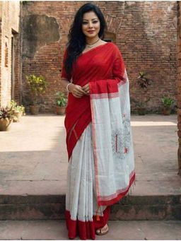 AMRUTKALA SAREES - White Designer Linen Silk Printed Saree With Unstitched Blouse