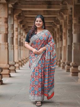 AMRUTKALA SAREES - Red Designer Linen Silk Printed Saree With Unstitched Blouse