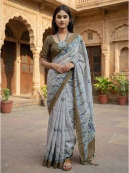 AMRUTKALA SAREES - Grey Designer Linen Silk Printed Saree With Unstitched Blouse