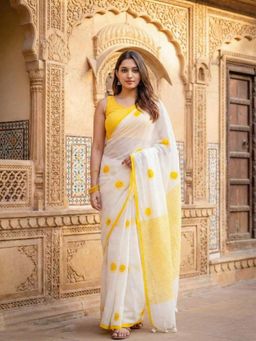 AMRUTKALA SAREES - White Designer Linen Silk Printed Saree With Unstitched Blouse