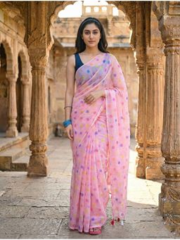 AMRUTKALA SAREES - Pink Designer Linen Silk Printed Saree With Unstitched Blouse