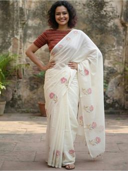 AMRUTKALA SAREES - White Designer Linen Silk Printed Saree With Unstitched Blouse
