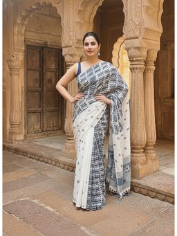 AMRUTKALA SAREES - White Designer Linen Silk Printed Saree With Unstitched Blouse