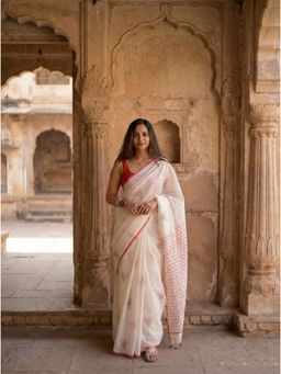 AMRUTKALA SAREES - White Designer Linen Silk Printed Saree With Unstitched Blouse