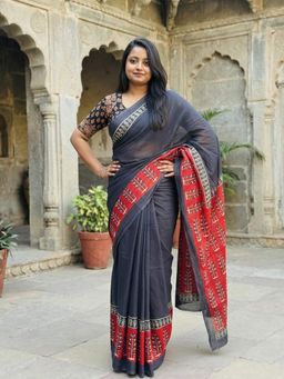 AMRUTKALA SAREES - Blue Designer Linen Silk Printed Saree With Unstitched Blouse