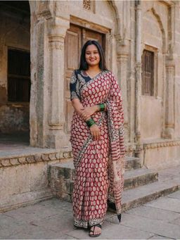 AMRUTKALA SAREES - Red Designer Linen Silk Printed Saree With Unstitched Blouse