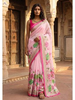 AMRUTKALA SAREES - Pink Designer Linen Silk Printed Saree With Unstitched Blouse