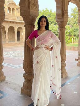 AMRUTKALA SAREES - White Designer Linen Silk Printed Saree With Unstitched Blouse