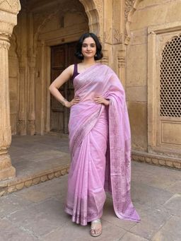 AMRUTKALA SAREES - Pink Designer Linen Silk Printed Saree With Unstitched Blouse