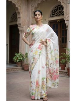 AMRUTKALA SAREES - White Designer Linen Silk Printed Saree With Unstitched Blouse
