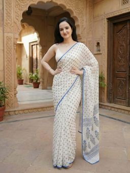 AMRUTKALA SAREES - White Designer Linen Silk Printed Saree With Unstitched Blouse