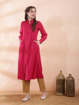 Globus - Women Pink Frill Band Collar Button Down Front Slit A-Line Kurta