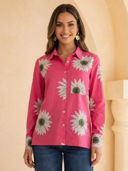 Globus - Women Pink Collared Neck Cuffed Sleeves Floral Print Shirt Style Shirt