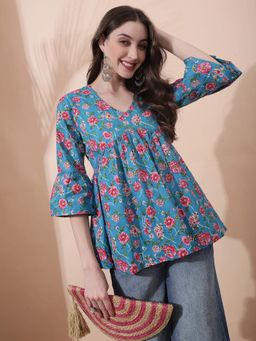Globus - Women Blue Floral Print V-Neck Bell Sleeve Gathered A-Line Alia Cut Tunic