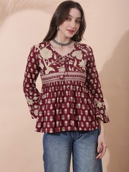 Globus - Women Maroon Floral Print V-Neck Tie Up Detail Bell Sleeves Tunic