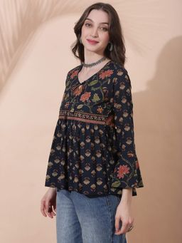 Globus - Women Navy Blue Floral Print V-Neck Tie Up Detail Bell Sleeves Tunic