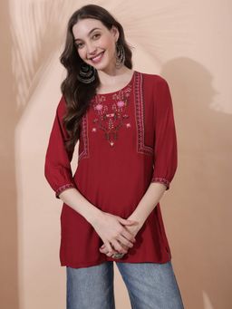 Globus - Women Maroon Floral Embroidered Yoke Tunic