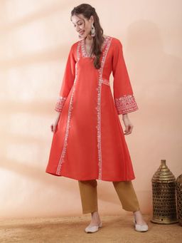 Globus - Women Orange Square Neck Bell Sleeves Sequin Embroidered Panelled A-Line Kurta
