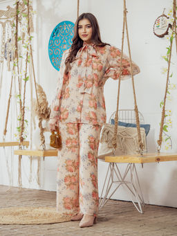 Label Swish - Beige Floral Embellished Bow Top with Flare Leg Palazzo (Set of 3)