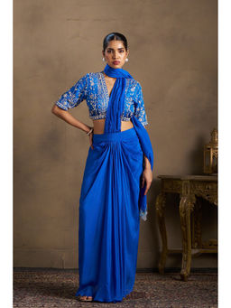 Doree By Rinkie - Women Georgette Blue Saree with Stitched Blouse