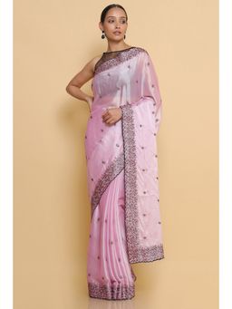 Soch - Women Pink Embroidered Saree with Unstitched Blouse
