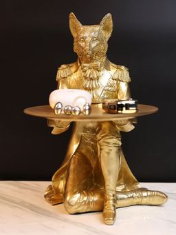 Smokey Cocktail - Golden Seated Wolf Decor with Tray Gold