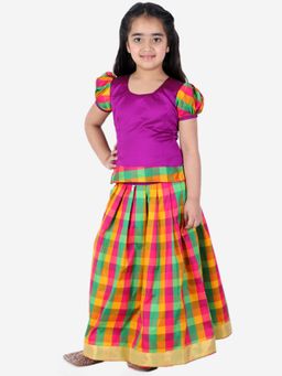 BownBee - Girlshalf Sleeve South Indian Pavda Pattu Lehenga- Purple (Set of 2)