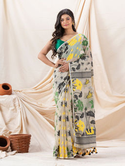 Angoshobha - Traditional Beige Lotus Soft Dhakai Jamdani Saree with Unstitched Blouse