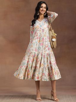 Libas - Beige Floral Printed Silk Blend Dress With Panelled Style And Ruffles