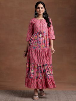 Libas - Pink Floral Printed Cotton Pleated Panelled Dress