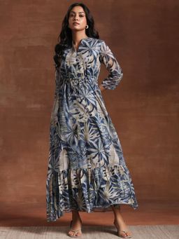 Libas - Blue Tropical Printed A-Line Chiffon Dress With Attached Waist Belt