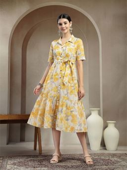 Stylum - Women's Yellow Floral Printed Cotton Flared Dress