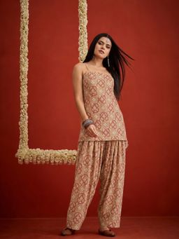 Stylum - Women's Beige Bandhej Printed Rayon Straight Short Kurti With Salwar