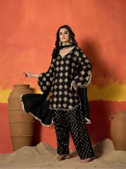 Stylum - Women's Black Gold Printed Rayon A-Line Kurti With Salwar & Dupatta