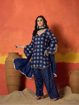Stylum - Women's Blue Gold Printed Rayon A-Line Kurti With Salwar & Dupatta