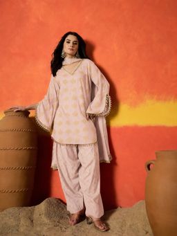 Stylum - Women's Pink Gold Printed Rayon A-Line Kurti With Salwar & Dupatta