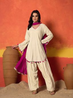 Stylum - Women's Cream Chikankari Rayon A-Line Kurti with Salwar with Dupatta