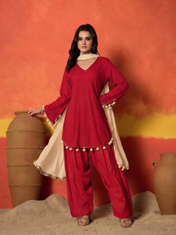 Stylum - Women's Red Chikankari Rayon A-Line Kurti with Salwar with Dupatta