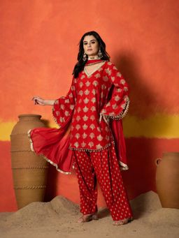 Stylum - Women's Red Gold Printed Rayon A-Line Kurti With Salwar & Dupatta