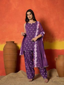 Stylum - Women's Violet Floral Printed Rayon Straight Kurti With Salwar & Dupatta