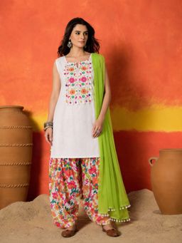 Stylum - Women's White Embroidered Pure Cotton Straight Kurti With Salwar & Dupatta