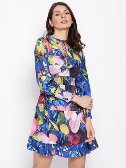IKI CHIC - Multicolor Floral Print Cuff Sleeves Skater Dress