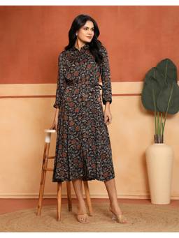 Fabindia - Black Rayon Blend Floral Printed Dress
