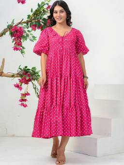 Doria Lifestyle - Pink Polka Dot Print Half Sleeve Midi Dress