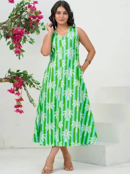 Doria Lifestyle - Green Striped Ruffled Midi Dress